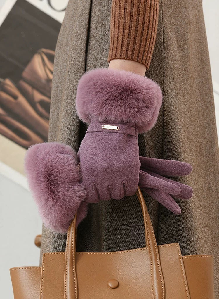 Women's Winter Gloves Touchscreen Warm Faux Fur Trim Thick Thermal Fleece Lining