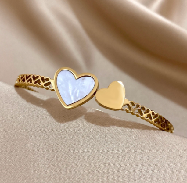 Stainless Steel Gold Double Heart Cuff Bangle Inlaid Shell Bracelet for Women
