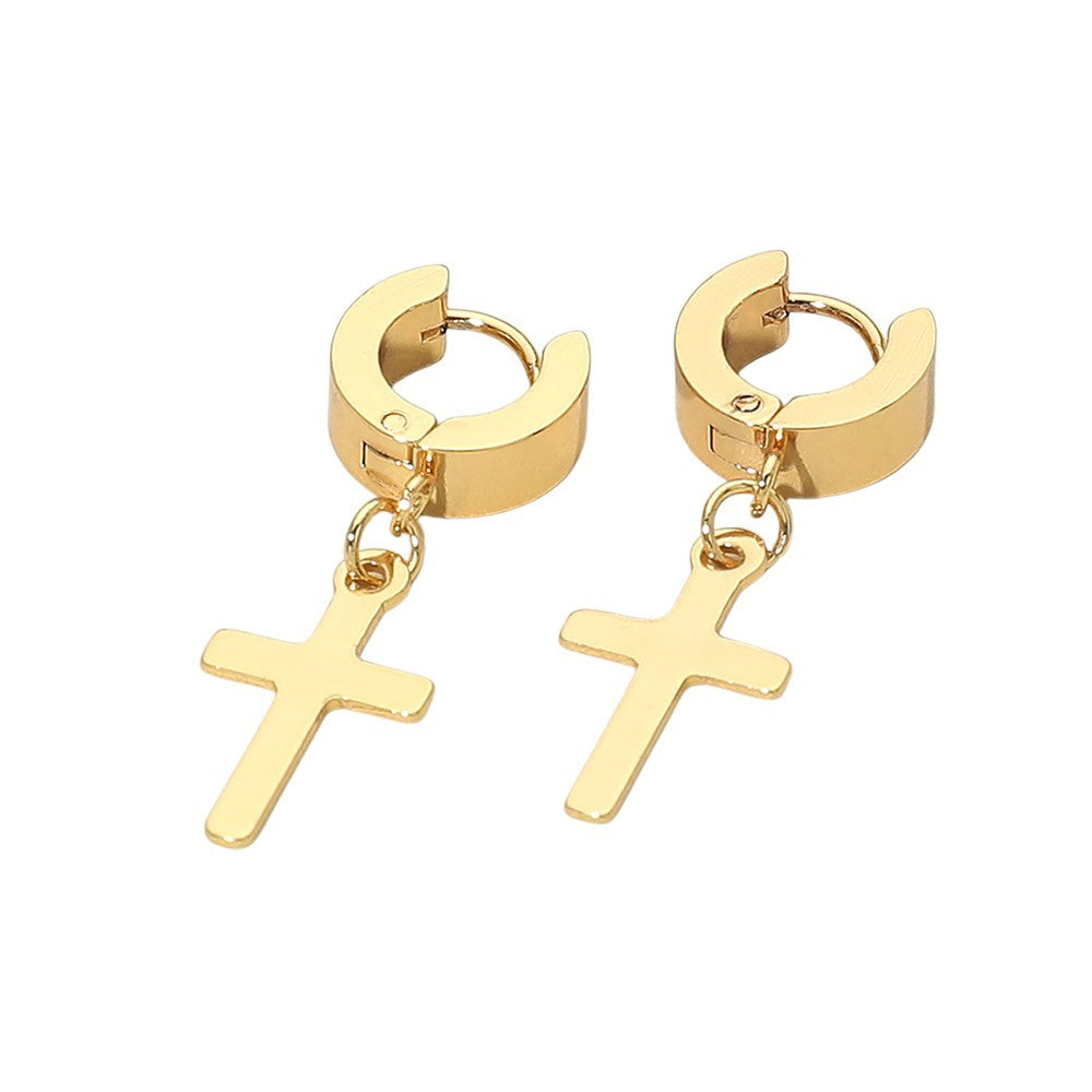 Women's Stainless Steel Cross Charm Dangle Mini Huggie Hoop Earrings Gold Tone