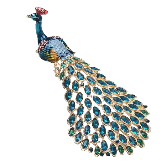 Large Enamel Peacock Brooch: Crystal Teal Statement Pin for Women