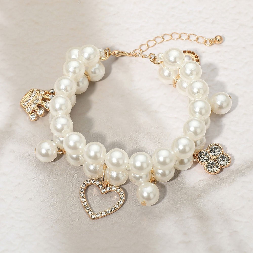 White Faux Pearl Double Strand Charm Bracelet Heart Crown Flower Crystal