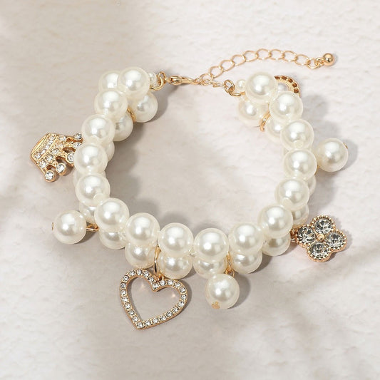White Faux Pearl Double Strand Charm Bracelet Heart Crown Flower Crystal
