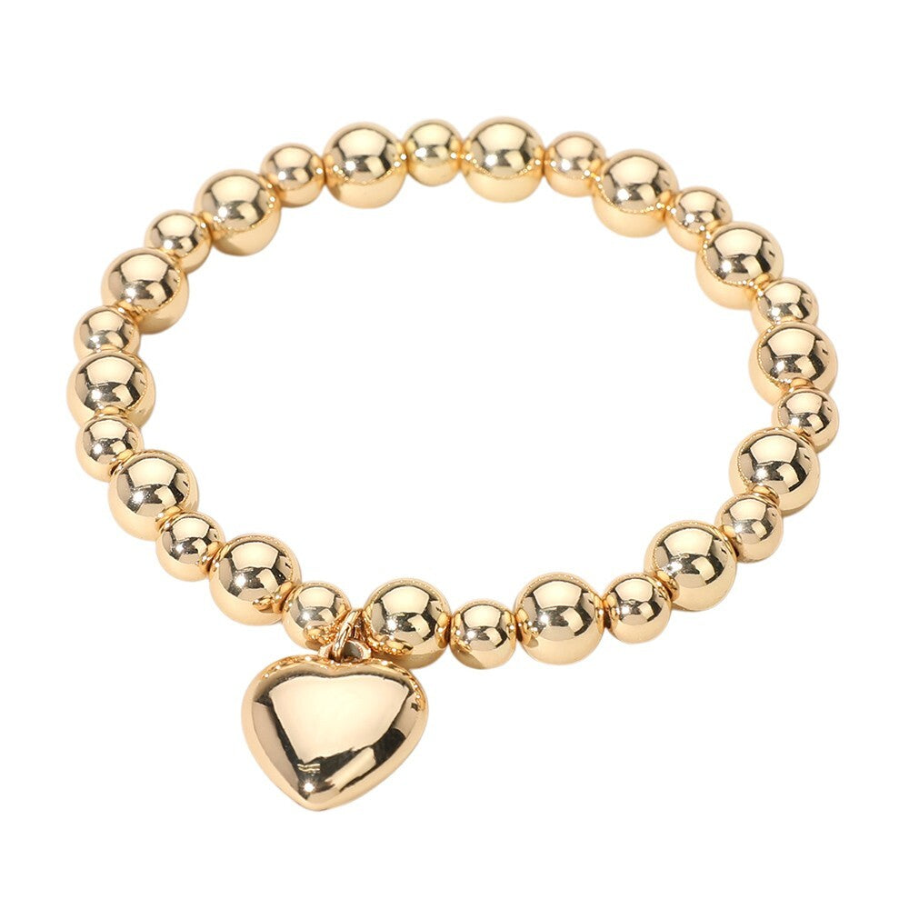 Metal Heart Charm Ball Beaded Stretch Bracelet for Women Fashion Jewelry