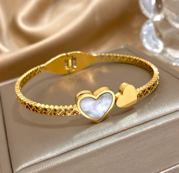 Stainless Steel Gold Double Heart Cuff Bangle Inlaid Shell Bracelet for Women