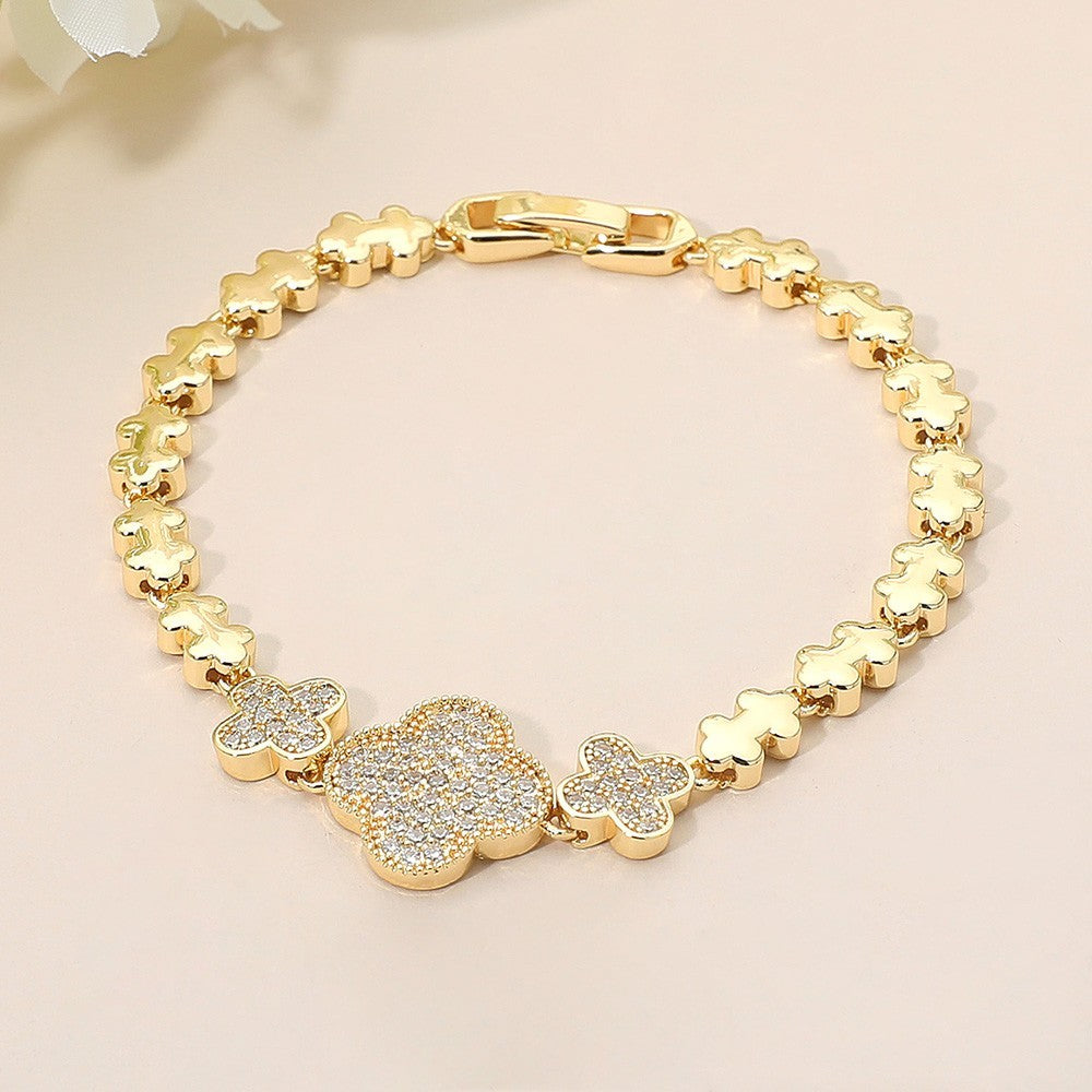 2PCS Gold Clover Bracelet Cubic Zirconia Tennis Chain Dainty Wedding Jewelry