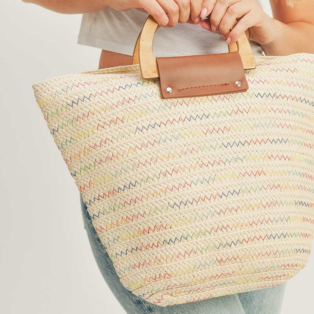 Zigzag Chevron Straw Tote Bag with Wooden Handles – Boho Summer Beach Purse