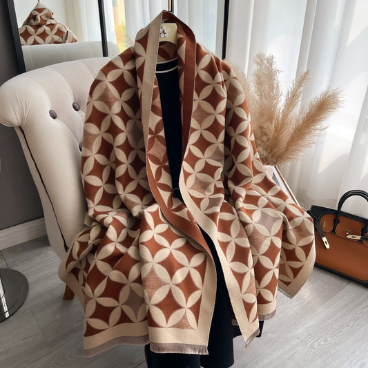 Reversible Brown Cream Geometric Quatrefoil Soft Fringed Knit Wrap Scarf Throw