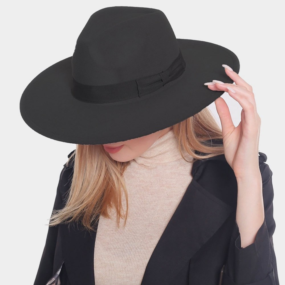 Classic Black Wide Brim Fedora Hat - Elegant Wool Felt Panama Style Dress Hat