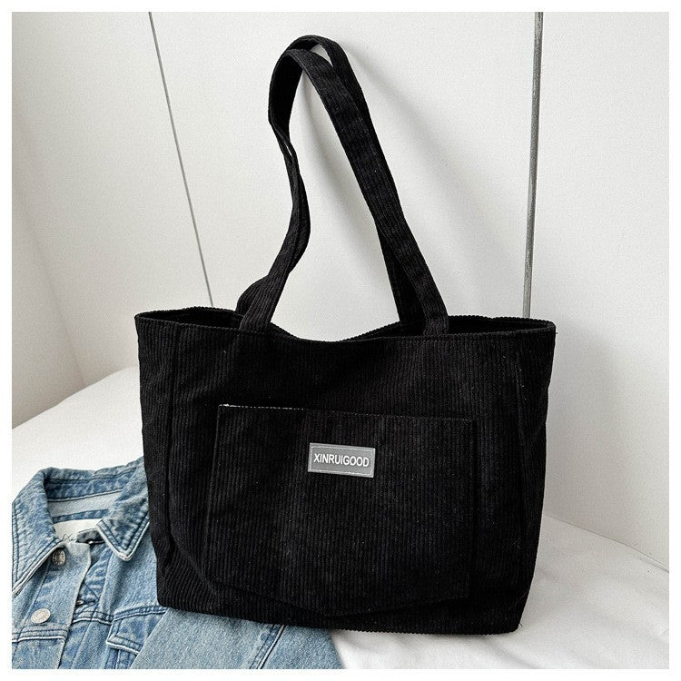 Black Corduroy Tote Bag Shoulder Handbag Casual Shopper Bag