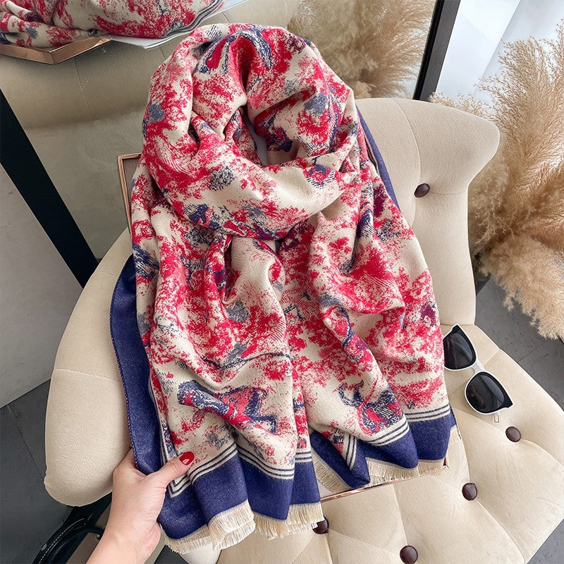Women’s Soft Wrap Scarf Shawl – Red Blue Floral Print, Warm Winter Pashmina
