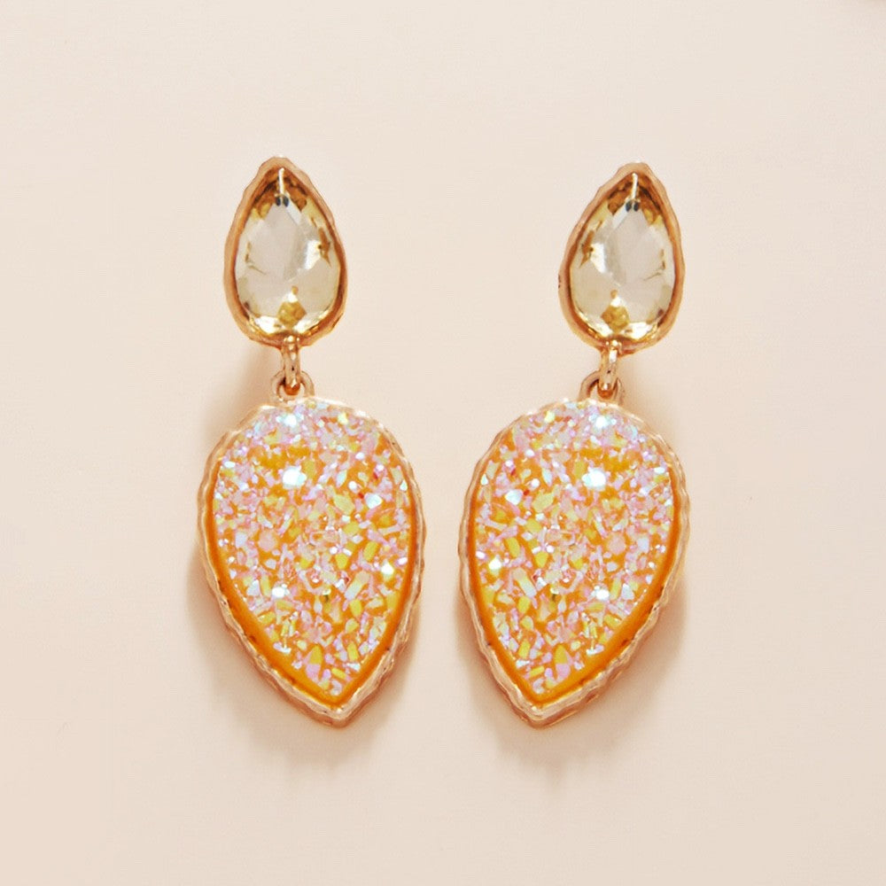 Radiant Orange Druzy Tear Drop Dangle Earrings Gold Tone Statement Jewelry Lady