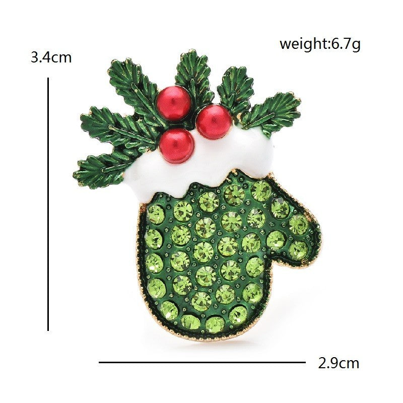 Rhinestone Christmas Mitten Brooch Pin Enamel Green Red Gold Tone Holiday Jewelr