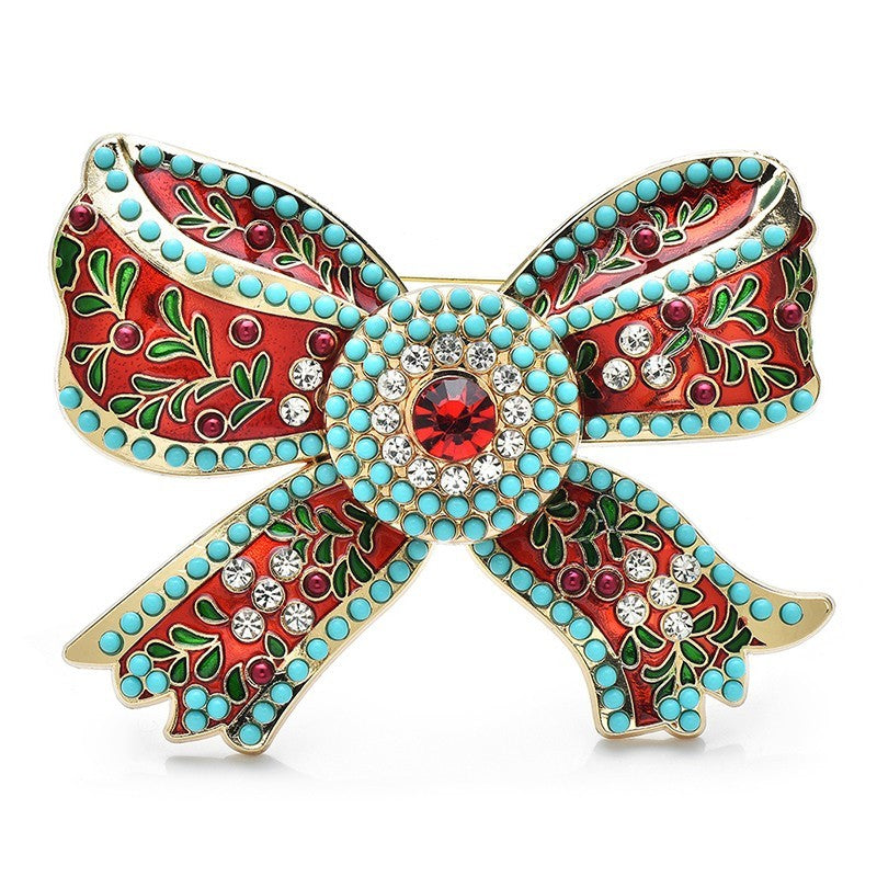Vintage Style Enamel Rhinestone Bow Brooch Pin Festive Red Teal Gold