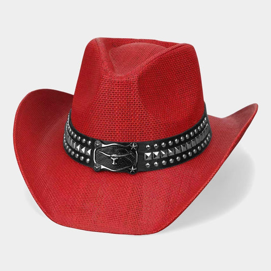 Western Cowboy Straw Hat Red Metal Steer Head Buckle Studded Faux Leather Band