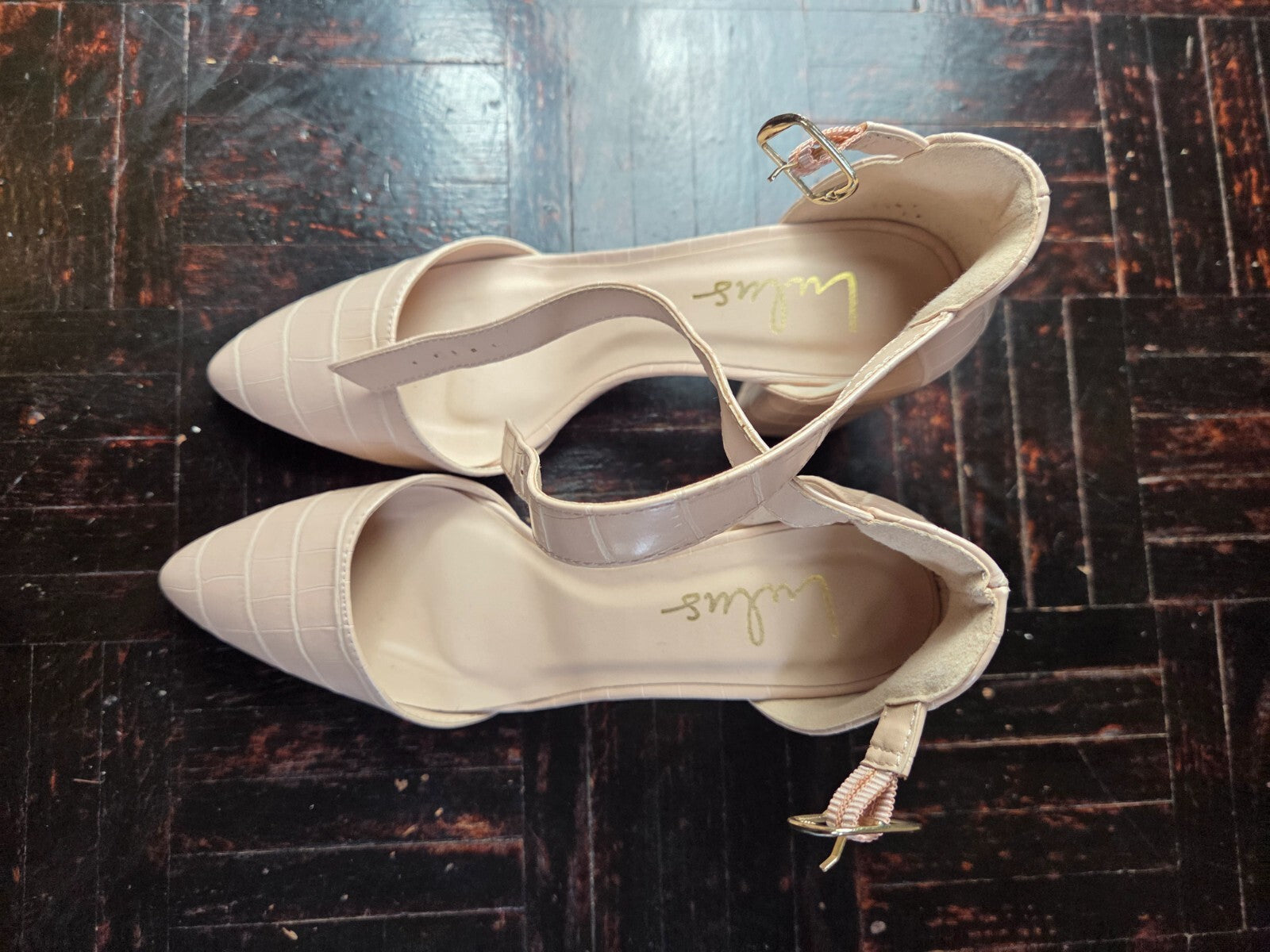 Ellarose Nude Crocodile Ankle Strap Heels for Women Round Toe Platforms  US 6.5