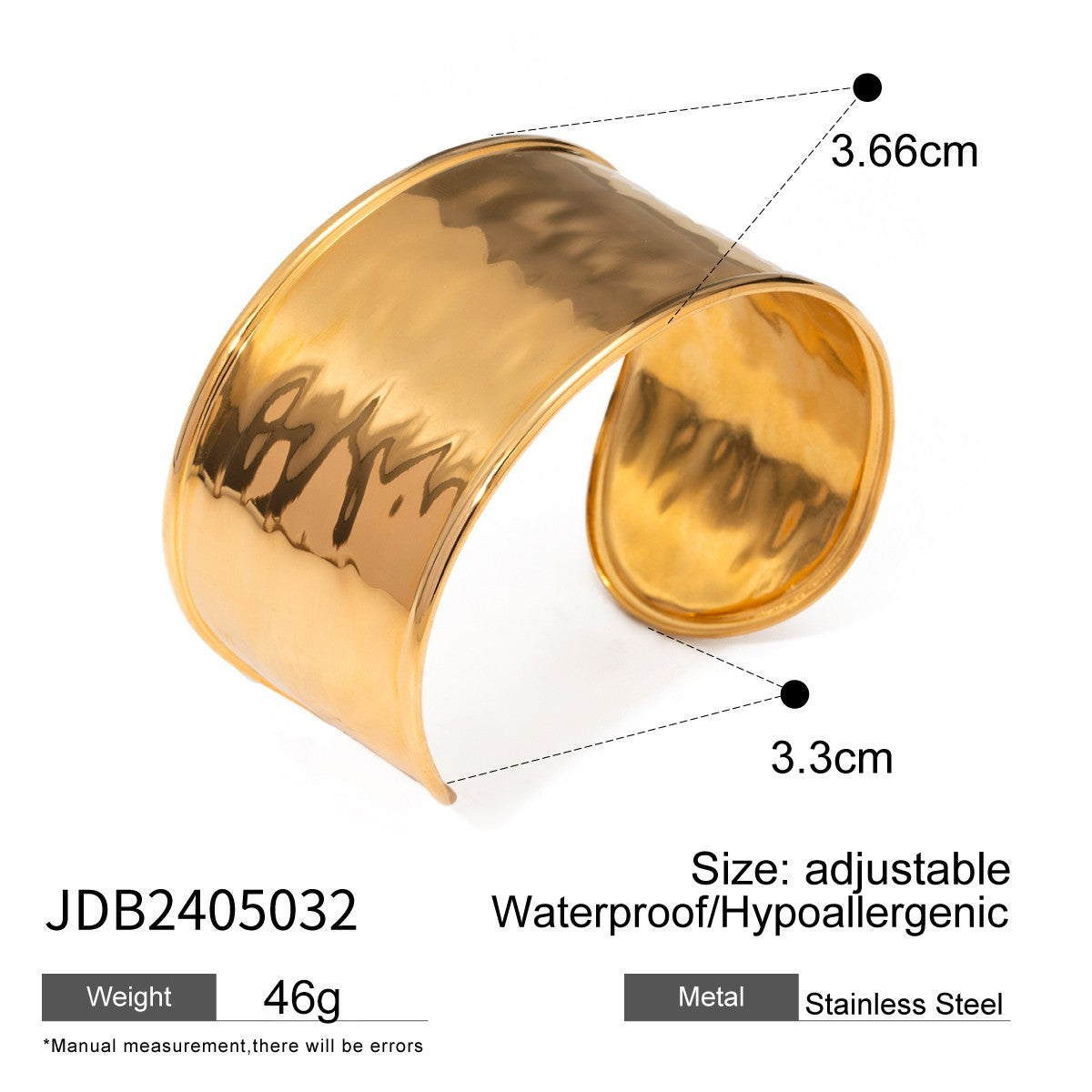 Gold-Tone Stainless Steel Adjustable Cuff Bracelet Waterproof Hypoallergenic