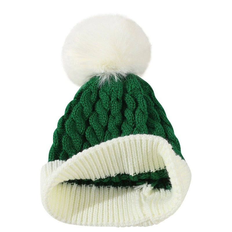 Green White Cotton Cable Knit Beanie Hat Cuffed Winter Faux Fur Pom Pom Cap