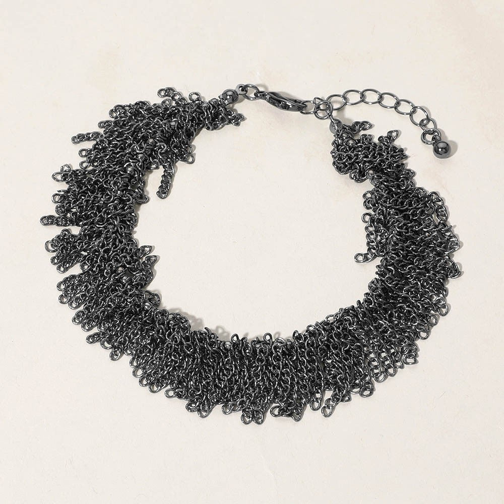 Dark Toned Metal Clustered Multi-Chain Fringe Bracelet Adjustable Lobster Clasp