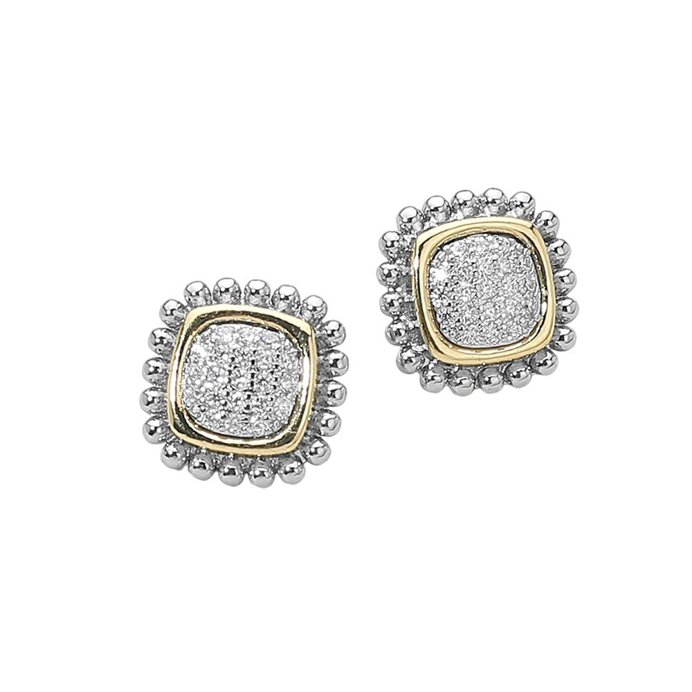 14K Gold & Silver Tone Square Stud Earrings Pavé CZ Post Back
