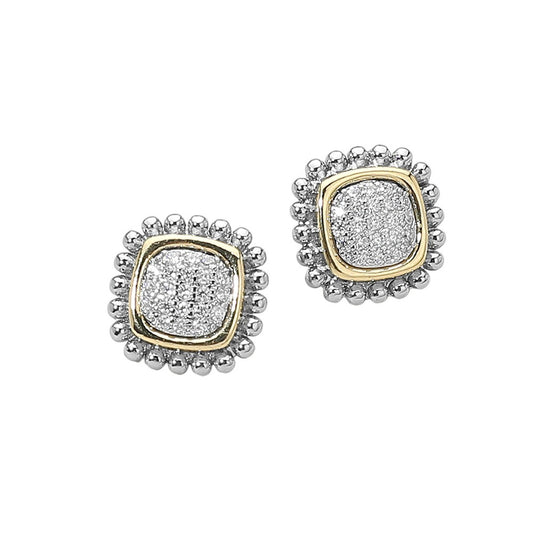 14K Gold & Silver Tone Square Stud Earrings Pavé CZ Post Back