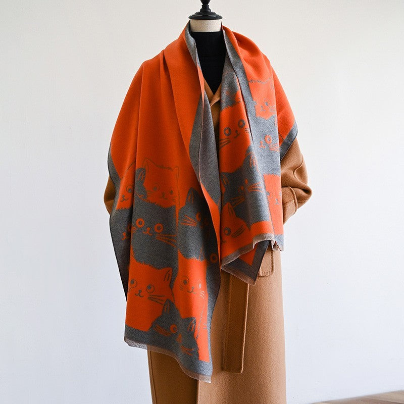 Reversible Cat Shawl Wrap Blanket Oversized Orange Gray Kitty Throw Scarf New