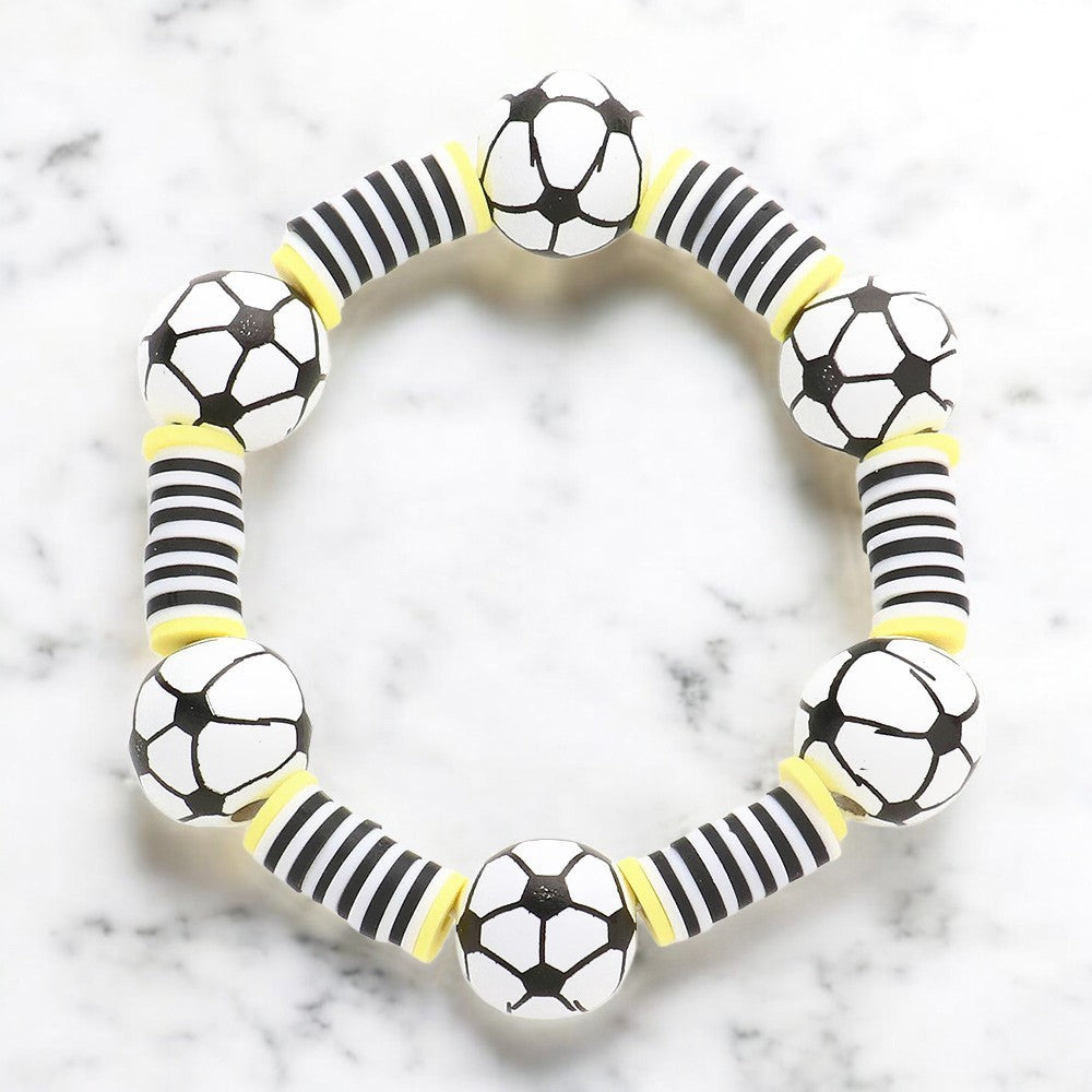 Black White Yellow Soccer Ball Beaded Stretch Bracelet Team Spirit Jewelry