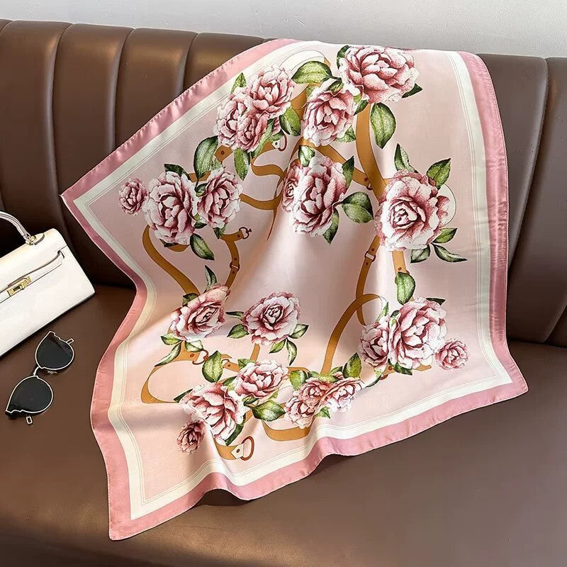 Women's Pink Peony Floral Silk Feel Square Scarf 27.5" Satin Head Neck Wrap