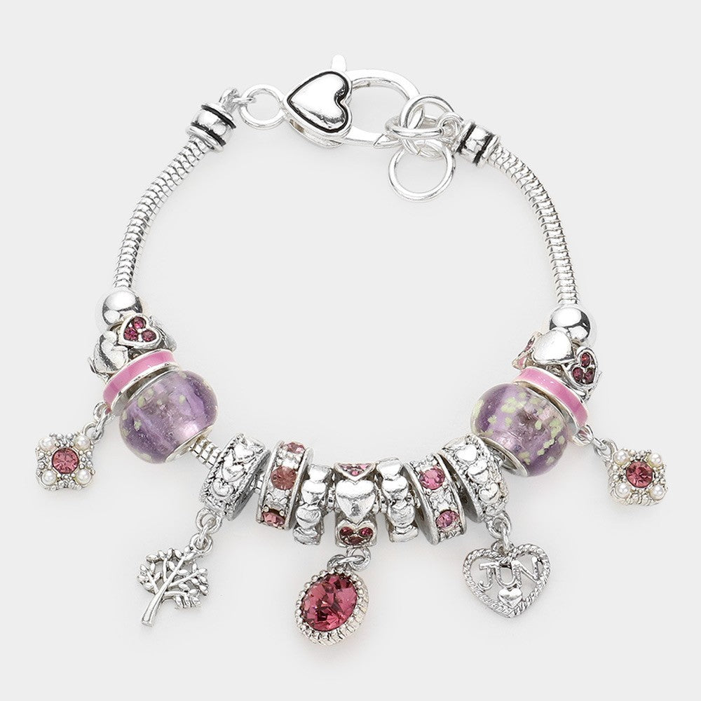 June Birthstone Charm Bracelet | Pink Crystal Beaded Jewelry for Women Gift Idea