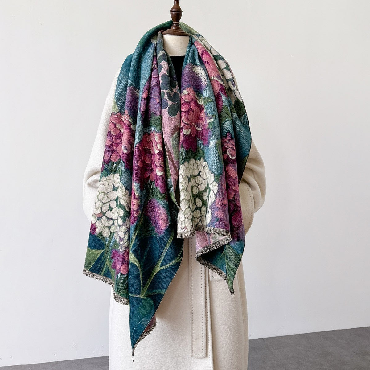 Hydrangea Floral Print Scarf Shawl Large Wrap Winter Warm Pashmina Green Pink