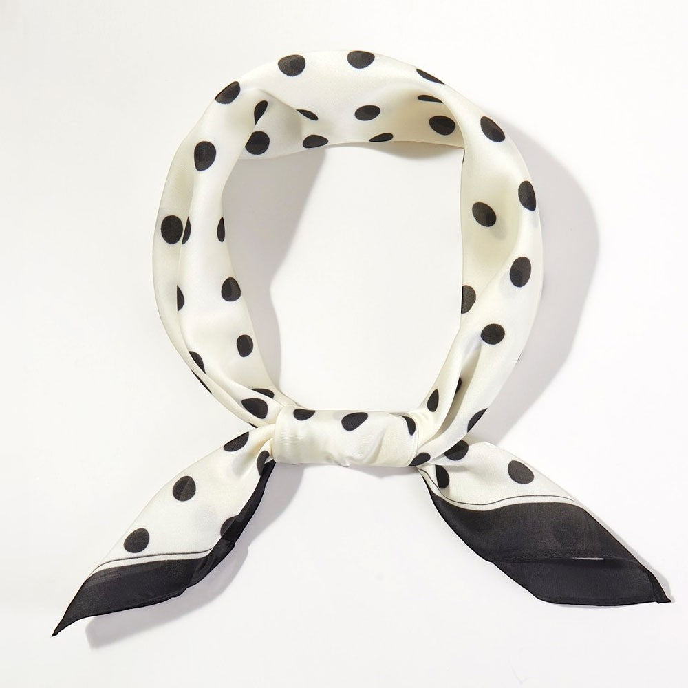 2pcs Polka Dot Square Neck Scarf Silk Feel Retro Head Bandana Black White 27.5"