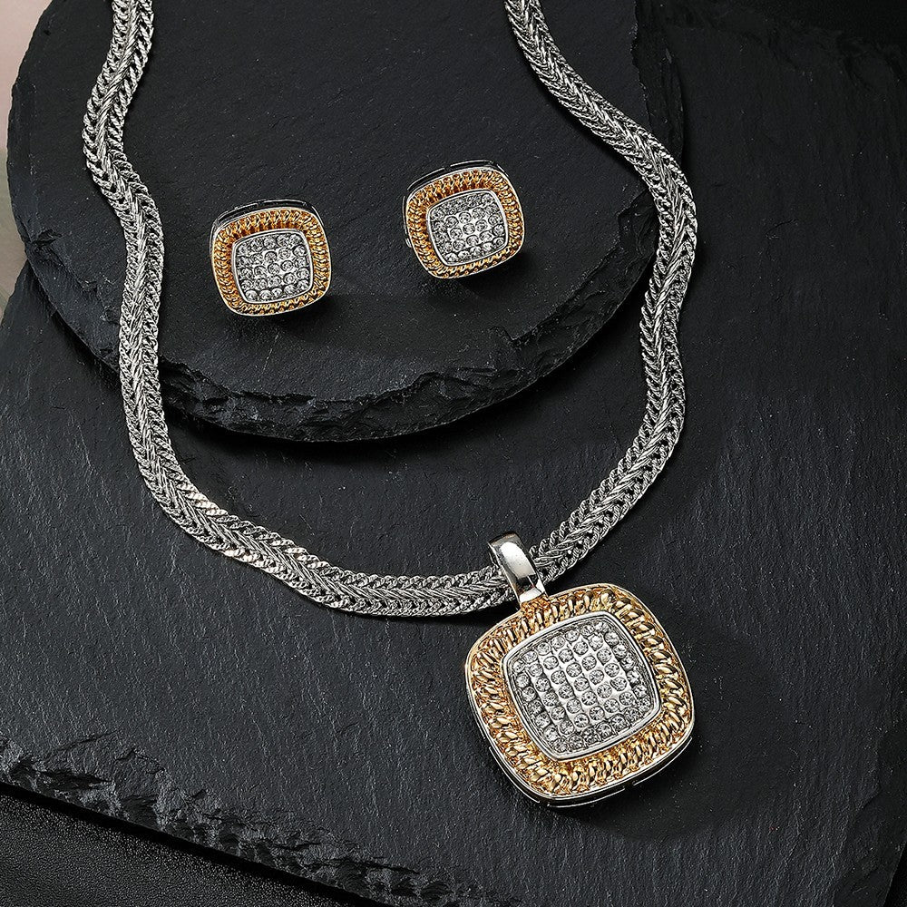 Two Tone Crystal Cushion Pendant Necklace with Braided Chain Earrings Set