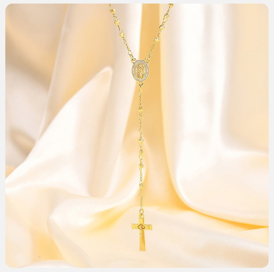 Copper Cubic Zirconia Rosary Y-Necklace Heart Centerpiece Cross Pendant