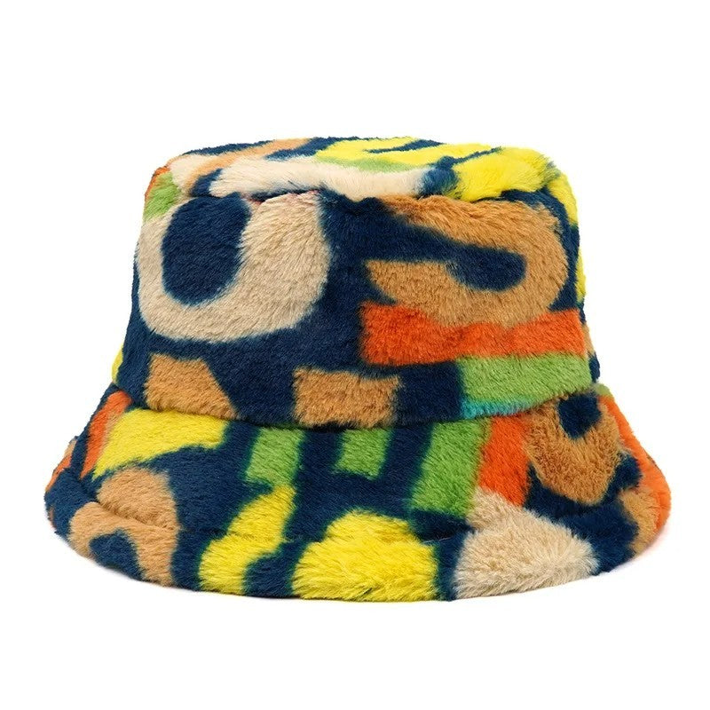 Funky Faux Fur Bucket Hat Colorful Abstract Patchwork Fuzzy Winter Cap