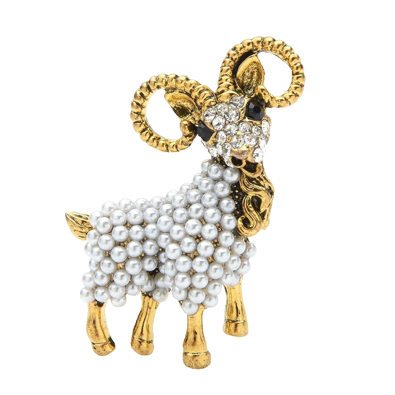 Pearl Rhinestone Ram Sheep Brooch Pin Pendant Chinese Zodiac Gift