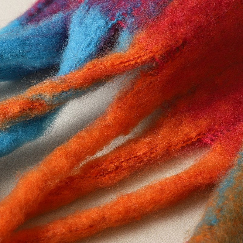 Vibrant Plaid Pom Pom Tassel Scarf Oversized Fuzzy Fluffy Shawl Wrap
