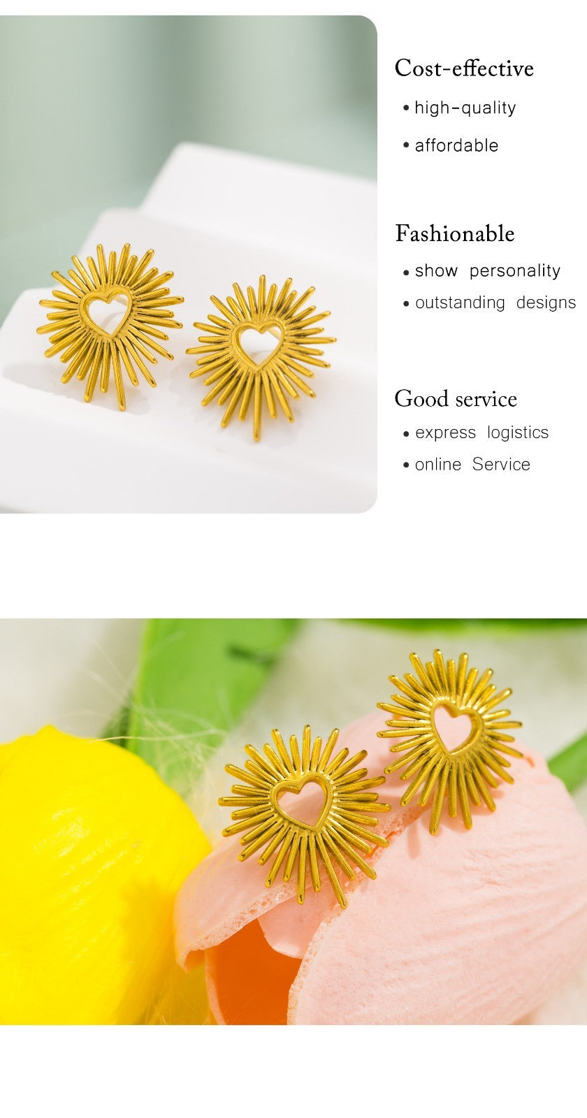 Golden Heart Sunburst Stud Earrings Stainless Steel Plated Hypoallergenic
