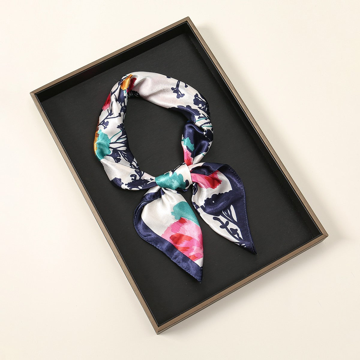 Satin Floral Print Square Scarf – Neckerchief Bandana Hair Tie Headband Handbag