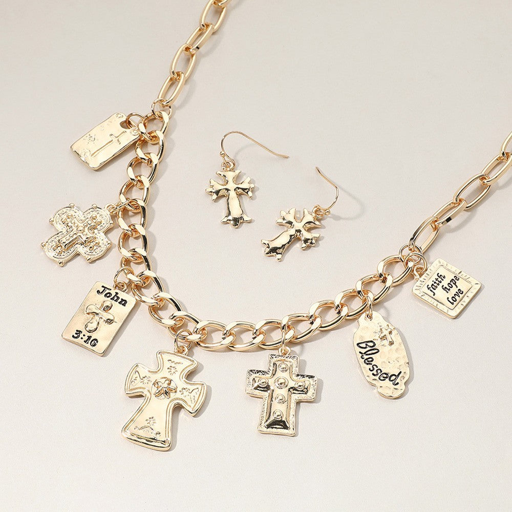 Chunky Chain Necklace Set with Metal Cross and Bible Charm Station for Women