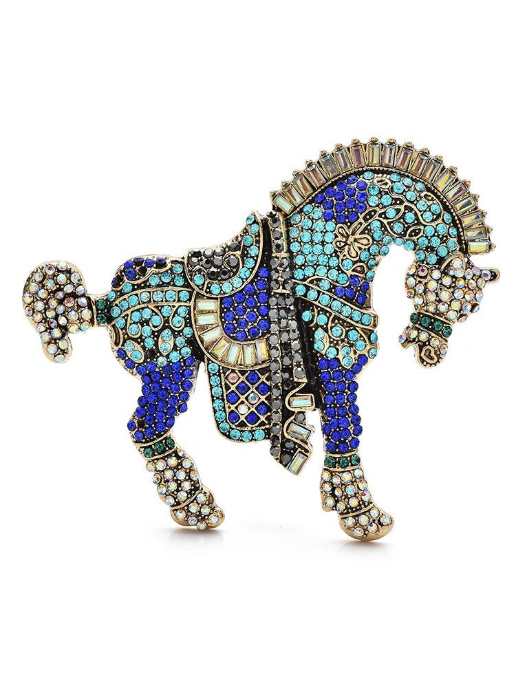 2pcs Crystal Horse Brooch Set Pink Blue Rhinestone Carousel Pony Animal Pin