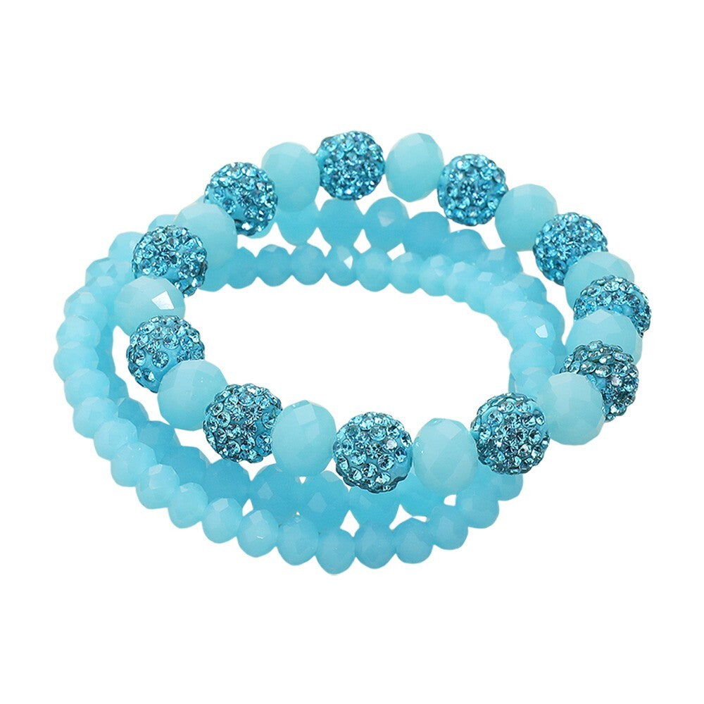 3PCS Shamballa Ball Multi Layered Stretch Beaded Bracelets Set Blue
