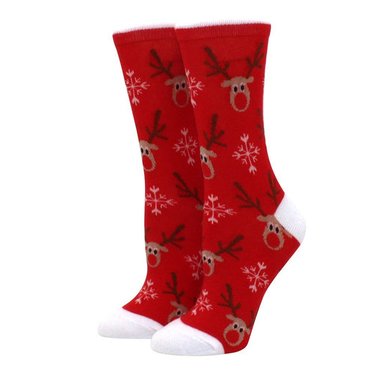 3-Pairs Red Reindeer Snowflake Christmas Cotton Crew Socks Unisex Gift Set