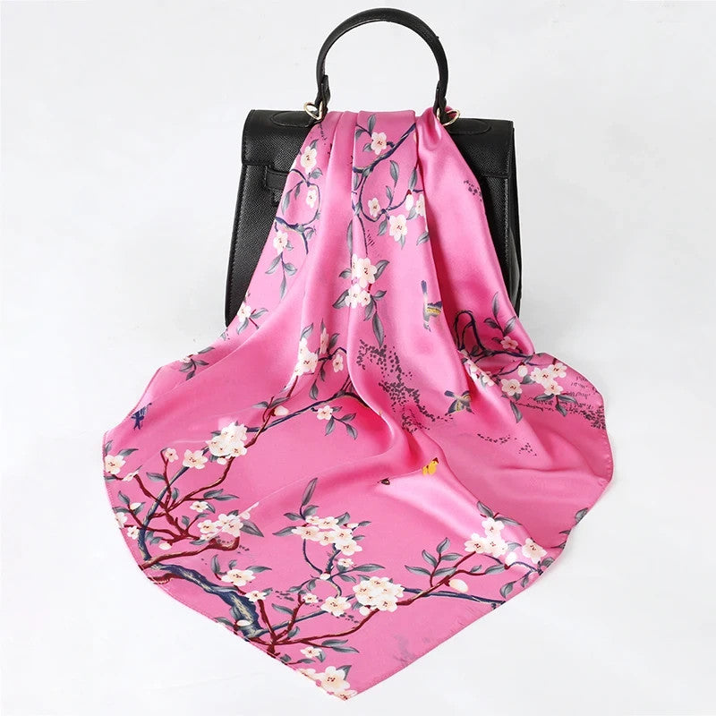 27x27 Inch Silk Feel Square Scarf for Women Printed Headkerchief Neck Wrap Pink