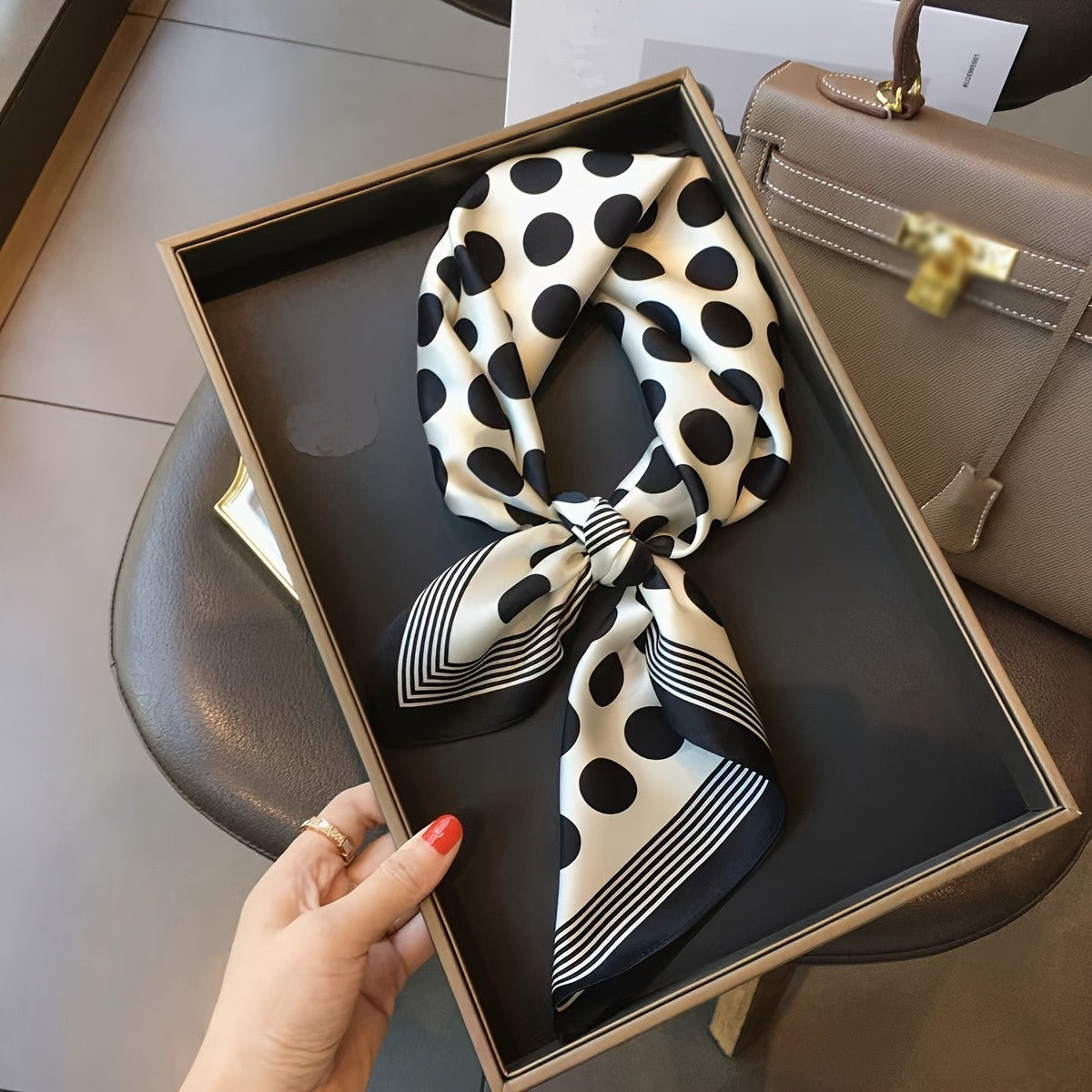 Elegant Black & White Polka Dot Satin Square Scarf   27 Inch Silky Feel Scarvves