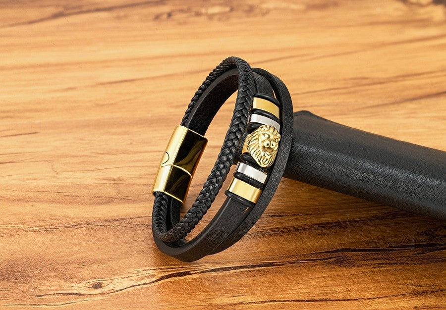 3 Colors Men Lion Head Leather Bracelet Set Stainless Steel Magnetic Clasp