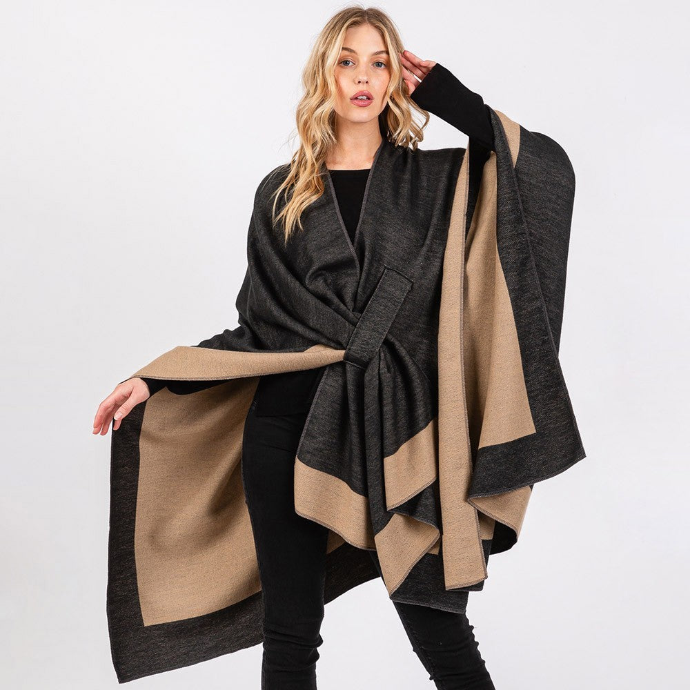 Two Tone Ruana Poncho Women Pull Through Shawl Knit Cape Wrap Cozy Layering