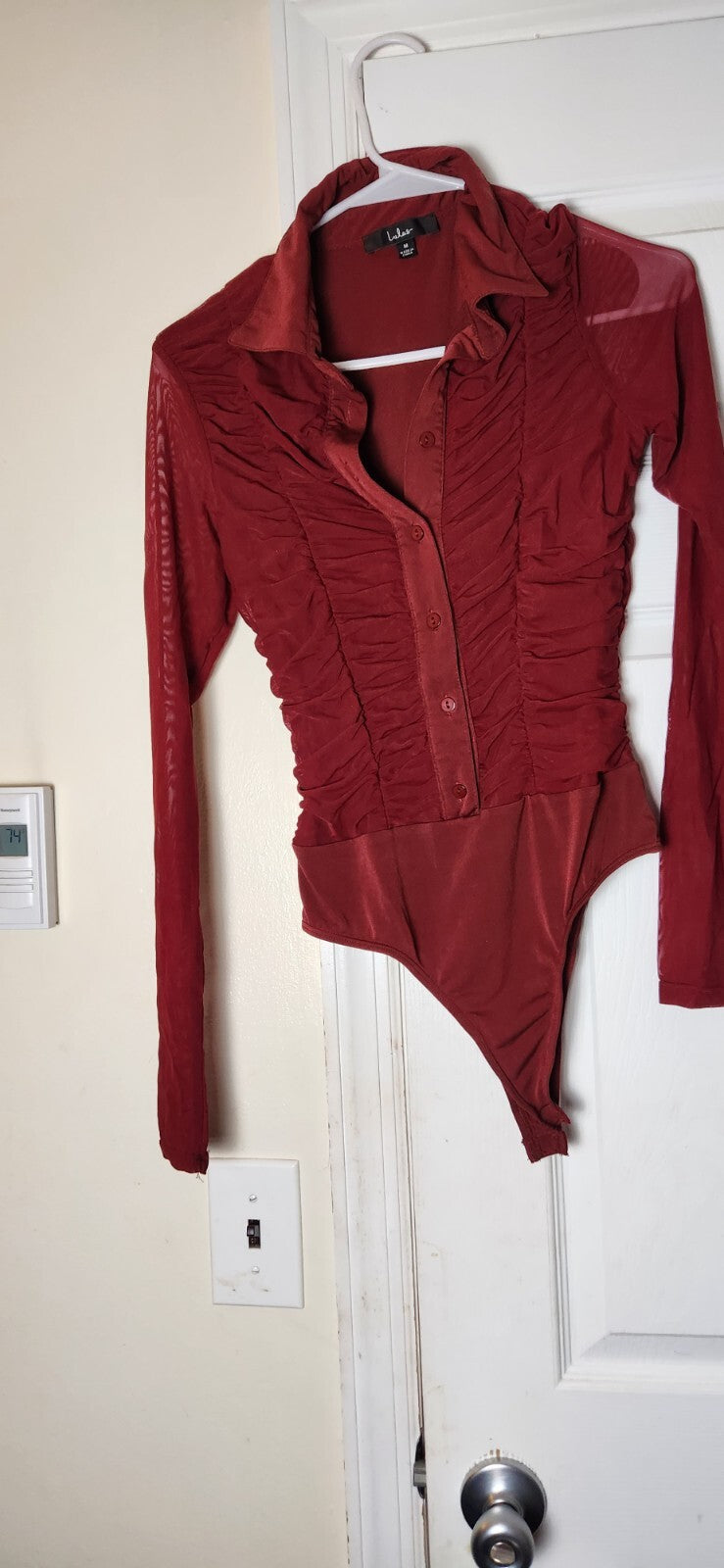 Don't Ruche Love Burgundy Mesh Ruched Long Sleeve Bodysuit for Women Medium