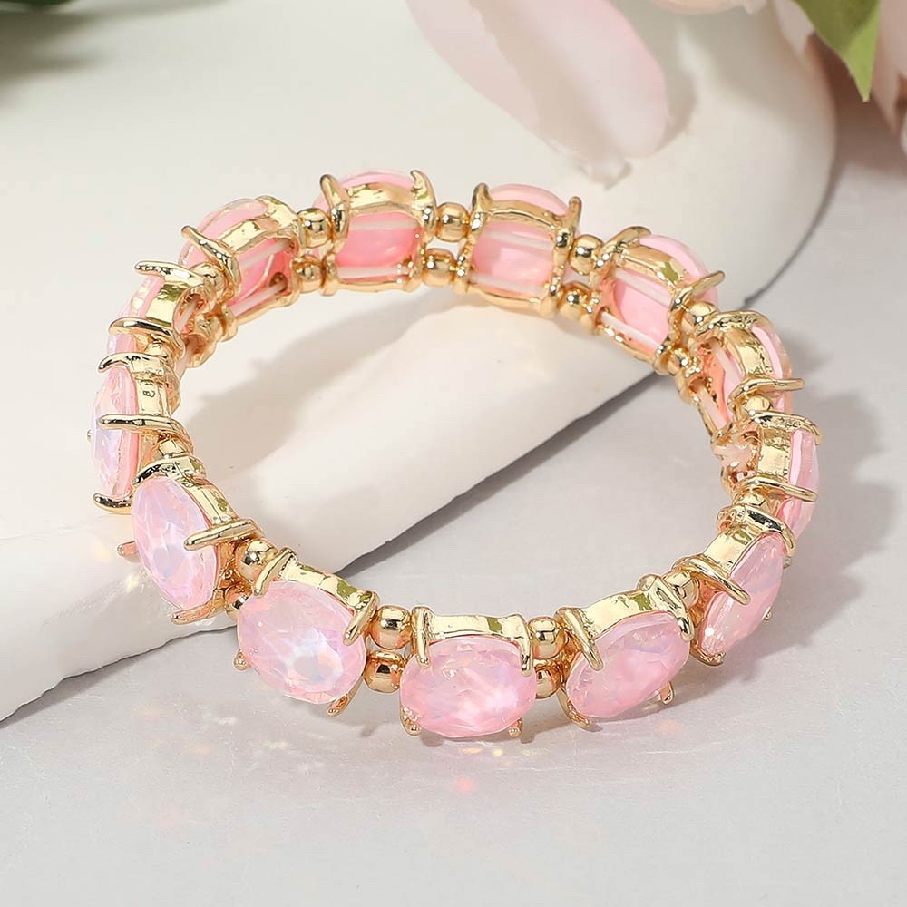 Pink Opal Iridescent Crystal Stretch Bracelet - Gold Tone Oval Stone Jewelry