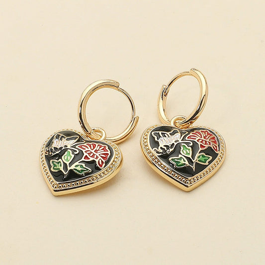 Gold Tone Butterfly Flower Enamel Detailed Heart Dangle Earrings w/ Huggie Back