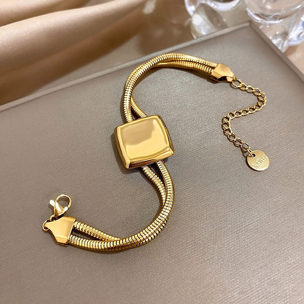 Gold Snake Bone Chain Bracelet Women Square Charm Adjustable Stainless Steel Gif