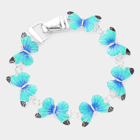 2PC Blue Enamel Butterfly Link Bracelet Set – Magnetic Closure Gift for Women